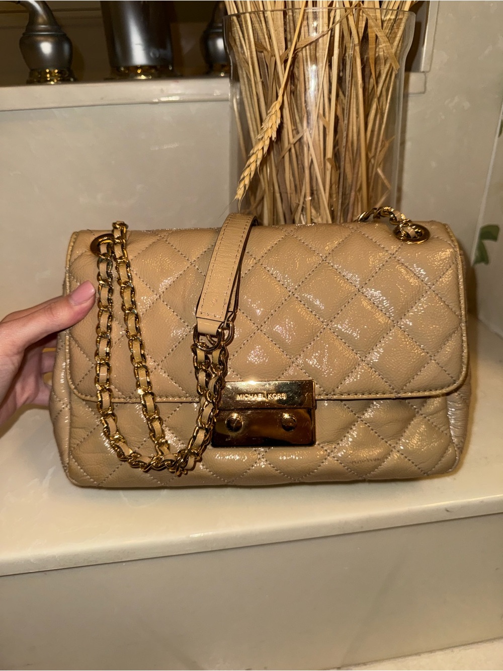 Michael Kors Quilted Flap Shoulder Bag in Tan with Chain Gold Hardware